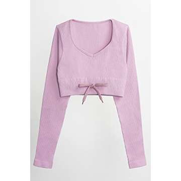 QINSEN Women Workout 2 Piece Outfits Ribbed High Waist Legging Gym Yoga Bodycon Long Sleeve Sports Crop Tops Sets Dusty Pink L