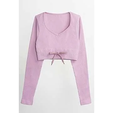 QINSEN Women Workout 2 Piece Outfits Ribbed High Waist Legging Gym Yoga Bodycon Long Sleeve Sports Crop Tops Sets Dusty Pink L