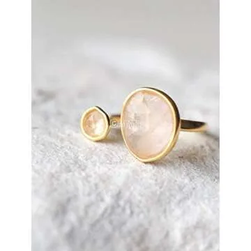 Elegant 14K Gold-Plated Statement Ring with Light Pink Simulated Rose Quartz - Hypoallergenic & Lightweight, Dainty & Simple for Daily Wear - Minimalist Jewelry by MJLULU