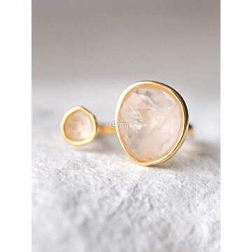 Elegant 14K Gold-Plated Statement Ring with Light Pink Simulated Rose Quartz - Hypoallergenic & Lightweight, Dainty & Simple for Daily Wear - Minimalist Jewelry by MJLULU