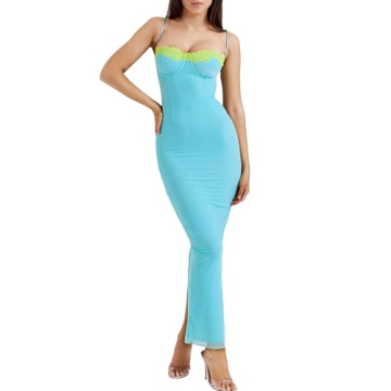 ISZPLUSH Women's Mesh Double Layer Dresses Lace Trim Maxi Elegant Party Bodycon Dress Slim Fit Long ...