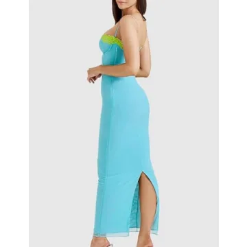 Elegant ISZPLUSH Women's Lace Trim Bodycon Maxi Dress