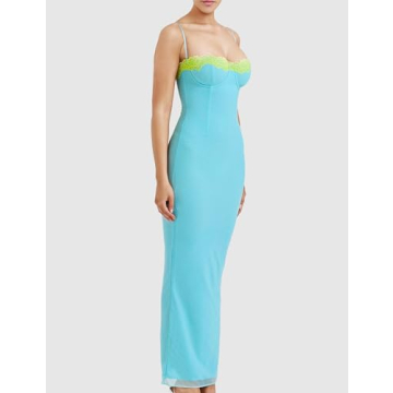 Elegant ISZPLUSH Women's Lace Trim Bodycon Maxi Dress