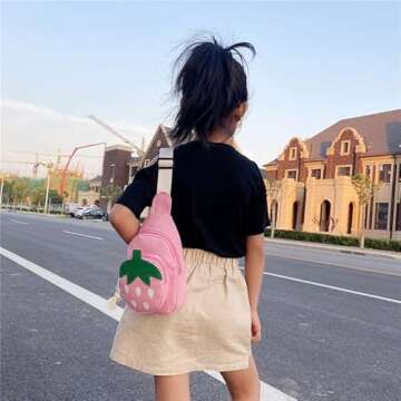 Hiflyer Pink Strawberry Sling Backpack, Small Backpack for Girls, Kawaii Bag, Lightweight Canvas, Adjustable Shoulder Strap, Zipper, 8x5x2 inches
