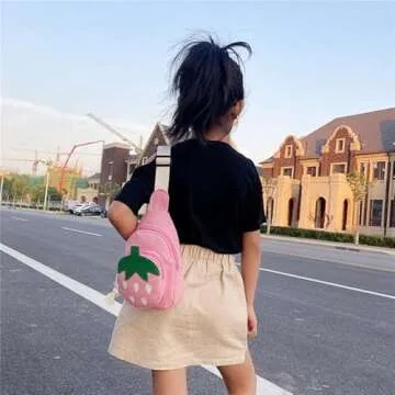Hiflyer Pink Strawberry Sling Backpack, Small Backpack for Girls, Kawaii Bag, Lightweight Canvas, Adjustable Shoulder Strap, Zipper, 8x5x2 inches