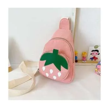 Hiflyer Pink Strawberry Sling Backpack, Small Backpack for Girls, Kawaii Bag, Lightweight Canvas, Adjustable Shoulder Strap, Zipper, 8x5x2 inches