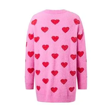 Heart Print Cardigan Sweaters for Women Y2k Cute Button Down Knitted Sweater Casual Knit Valentine's Day Top (Fleeced-Pink, M)