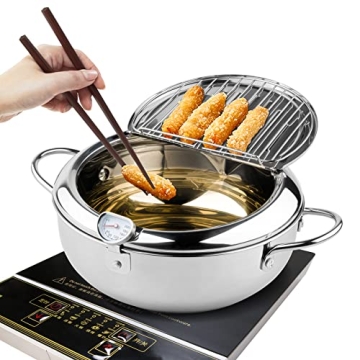 Kerilyn Deep Fryer Pot 9.4 Inch Japanese Style Tempura with Lid, 304 Stainless Steel and Temperature...