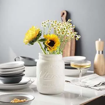 Sweejar Kitchen Utensil Holder with Embossed Style, Porcelain Utensil Crock to Hold Spatulas for Cooking Countertop, Farmhouse Style Kitchen Decor, 6.3" (White)