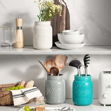 Sweejar Kitchen Utensil Holder with Embossed Style, Porcelain Utensil Crock to Hold Spatulas for Cooking Countertop, Farmhouse Style Kitchen Decor, 6.3" (White)