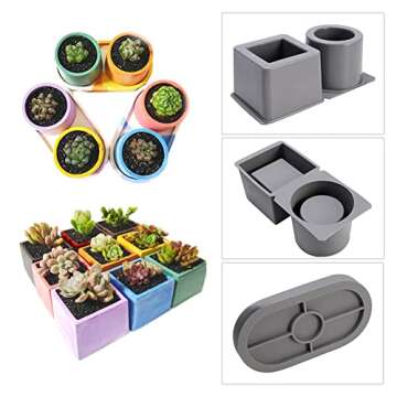 Silicone Flowerpot Mold Set, Round + Square Shape DIY Planter Pot Mould Succulent Plant Concrete Flower Pot Molding Tool for Making Cactus Small Plants Pot or Candle Containers (Type B)