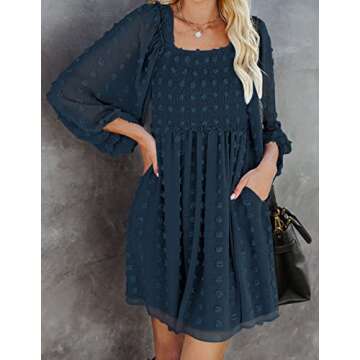 ZCSIA Women's Puff Long Sleeve Square Neck Ruffle Flowy Swiss Dot Babydoll Mini Dress with Pockets,Navy,Small
