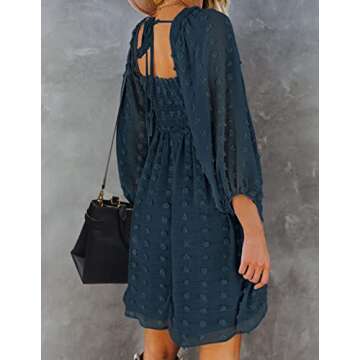 ZCSIA Women's Puff Long Sleeve Square Neck Ruffle Flowy Swiss Dot Babydoll Mini Dress with Pockets,Navy,Small