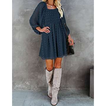 ZCSIA Women's Puff Long Sleeve Square Neck Ruffle Flowy Swiss Dot Babydoll Mini Dress with Pockets,Navy,Small