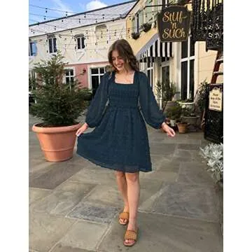 ZCSIA Women's Puff Long Sleeve Square Neck Ruffle Flowy Swiss Dot Babydoll Mini Dress with Pockets,Navy,Small