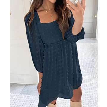 ZCSIA Women's Puff Long Sleeve Square Neck Ruffle Flowy Swiss Dot Babydoll Mini Dress with Pockets,Navy,Small