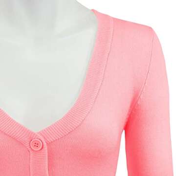 YEMAK Women's Cropped Bolero Cardigan – 3/4 Sleeve V-Neck Classic Soft Sweater Top in Light Pink