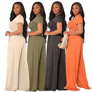 Womens 2 Piece Shortsleeve Jumpsuit Sexy Bodycon Crop Top & Flared High Waist Pants Outfits for Women Casual Solid Color Tracksuits Wide Leg Long Pants Yoga Romper Sets Beige Size M