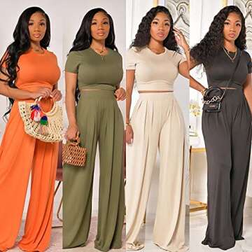 Womens 2 Piece Shortsleeve Jumpsuit Sexy Bodycon Crop Top & Flared High Waist Pants Outfits for Women Casual Solid Color Tracksuits Wide Leg Long Pants Yoga Romper Sets Beige Size M
