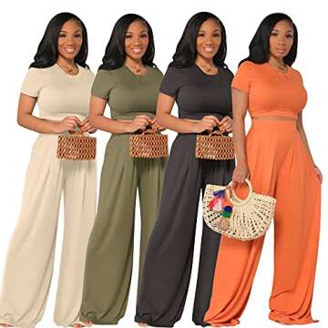 Womens 2 Piece Shortsleeve Jumpsuit Sexy Bodycon Crop Top & Flared High Waist Pants Outfits for Women Casual Solid Color Tracksuits Wide Leg Long Pants Yoga Romper Sets Beige Size M