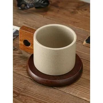 Tvvtuww Ceramic Coffee Cup Mug and Acacia Wooden Saucer Set, 8 oz Ceramic Cup for Espresso Latte Cappuccino Tea, Wooden Handle Mug Set Unglazed Porcelain Arty Mug (Natural Earthiness Finish)
