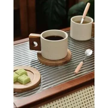 Tvvtuww Ceramic Coffee Cup Mug and Acacia Wooden Saucer Set, 8 oz Ceramic Cup for Espresso Latte Cappuccino Tea, Wooden Handle Mug Set Unglazed Porcelain Arty Mug (Natural Earthiness Finish)