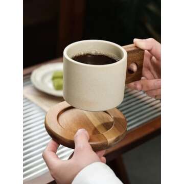 Tvvtuww Ceramic Coffee Cup Mug and Acacia Wooden Saucer Set, 8 oz Ceramic Cup for Espresso Latte Cappuccino Tea, Wooden Handle Mug Set Unglazed Porcelain Arty Mug (Natural Earthiness Finish)