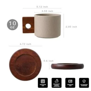 Tvvtuww Ceramic Coffee Cup Mug and Acacia Wooden Saucer Set, 8 oz Ceramic Cup for Espresso Latte Cappuccino Tea, Wooden Handle Mug Set Unglazed Porcelain Arty Mug (Natural Earthiness Finish)