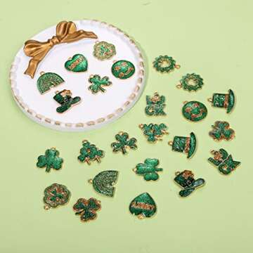 24/30PCS St. Patrick's Day Charms Glitter Shamrock Charms for Jewelry Making, Green Leaf LUCK Hat Pe...