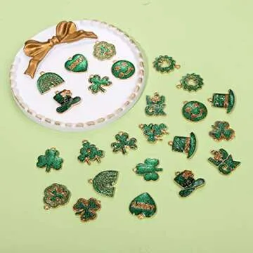 24/30PCS St. Patrick's Day Charms Glitter Shamrock Charms for Jewelry Making, Green Leaf LUCK Hat Pe...