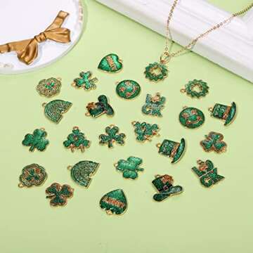 24/30PCS St. Patrick's Day Charms Glitter Shamrock Charms for Jewelry Making, Green Leaf LUCK Hat Pendant Charms for Bracelet Necklace Earrings Making DIY Crafts Irish St. Patrick's Day Accessory,