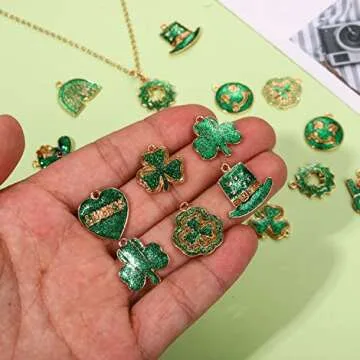 24/30PCS St. Patrick's Day Charms Glitter Shamrock Charms for Jewelry Making, Green Leaf LUCK Hat Pendant Charms for Bracelet Necklace Earrings Making DIY Crafts Irish St. Patrick's Day Accessory,
