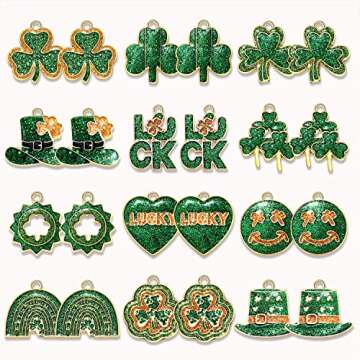 24/30PCS St. Patrick's Day Charms Glitter Shamrock Charms for Jewelry Making, Green Leaf LUCK Hat Pendant Charms for Bracelet Necklace Earrings Making DIY Crafts Irish St. Patrick's Day Accessory,