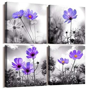 Stunning Wall Art for Living Room with Black and White Purple Flowers - 4 Piece Canvas Print for Mod...