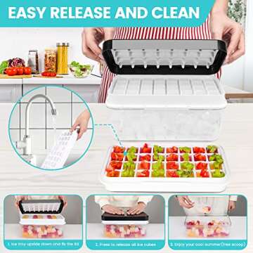 Ice Trays for Freezer with Lid & Bin, Ice Cube Tray Making 64 pcs Ice Cubes, Easy Press to Release I...