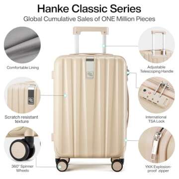 Hanke 20 Inch Carry On Luggage 22x14x9 Airline Approved Lightweight PC Hard Shell Suitcases with Wheels Tsa Luggage Rolling Suitcase Travel Luggage Bag for Weekender（Cuba Sand）