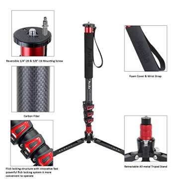 Avella C324D Carbon Fiber 67 Inch Camera Monopod Professional Telescopic Video Monopods Base Tripod ...