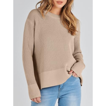 ANRABESS Womens Crewneck Long Sleeve Waffle Knit Casual Side Zipper Pullover Sweaters Top Thumbhole 2024 Fall Outfits Khaki Medium