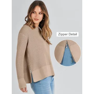 ANRABESS Womens Crewneck Long Sleeve Waffle Knit Casual Side Zipper Pullover Sweaters Top Thumbhole 2024 Fall Outfits Khaki Medium