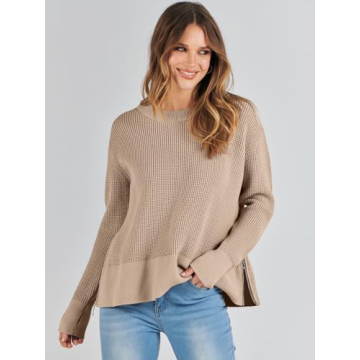 ANRABESS Womens Crewneck Long Sleeve Waffle Knit Casual Side Zipper Pullover Sweaters Top Thumbhole 2024 Fall Outfits Khaki Medium