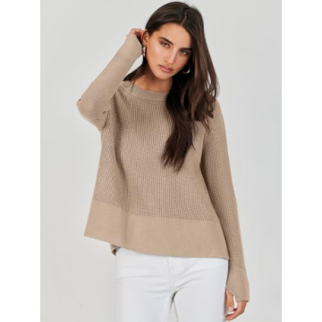 ANRABESS Womens Crewneck Long Sleeve Waffle Knit Casual Side Zipper Pullover Sweaters Top Thumbhole 2024 Fall Outfits Khaki Medium