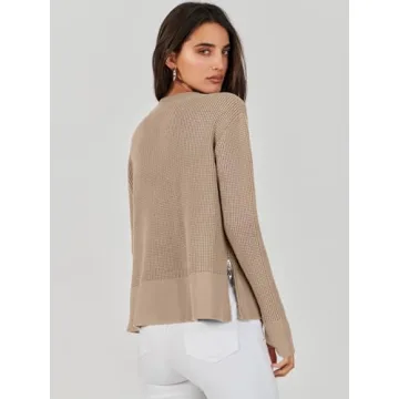 ANRABESS Womens Crewneck Long Sleeve Waffle Knit Casual Side Zipper Pullover Sweaters Top Thumbhole 2024 Fall Outfits Khaki Medium