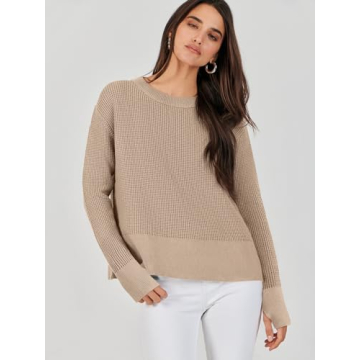 ANRABESS Womens Crewneck Long Sleeve Waffle Knit Casual Side Zipper Pullover Sweaters Top Thumbhole 2024 Fall Outfits Khaki Medium