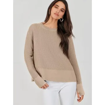 ANRABESS Womens Crewneck Long Sleeve Waffle Knit Casual Side Zipper Pullover Sweaters Top Thumbhole 2024 Fall Outfits Khaki Medium