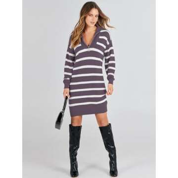 ANRABESS Women's Casual Striped Sweater Dress Oversized Half Zip Knitted Long Sleeve Loose 2024 Fall Winter Short Mini Dress Purple White M