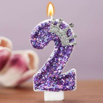 Birthday Number Candles,Purple Crown Birthday Candles for Cake,Glitter Number 2 Candle Cake Topper with Sequins for Anniversary Celebrations Supplies (Number 2)