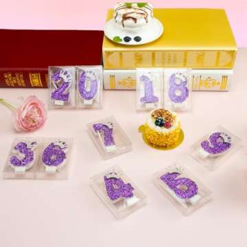 Birthday Number Candles,Purple Crown Birthday Candles for Cake,Glitter Number 2 Candle Cake Topper with Sequins for Anniversary Celebrations Supplies (Number 2)