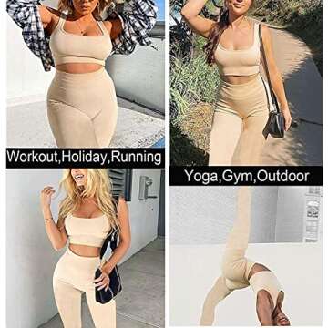 TWFRHC Women's Workout Sets 2 Piece Ribbed Seamless High Waist Gym Outfit Yoga Leggings Sets