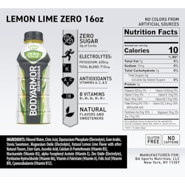 BODYARMOR ZERO Sugar Lemon Lime, Sugar Free Sports Drink - Low-Calorie Hydration - Natural Flavors with Potassium Packed Electrolytes, Antioxidants, and B-vitamins, 16 fl oz (pack of 12)