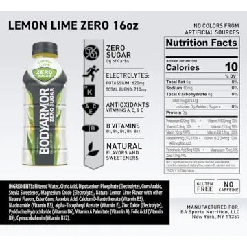 BODYARMOR ZERO Sugar Lemon Lime, Sugar Free Sports Drink - Low-Calorie Hydration - Natural Flavors with Potassium Packed Electrolytes, Antioxidants, and B-vitamins, 16 fl oz (pack of 12)
